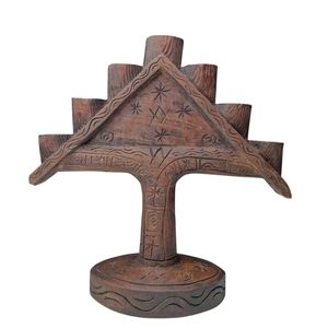 Vintage Hand Carved Wooden Jewish Temple Menorah Signed 7 Branch Judaism